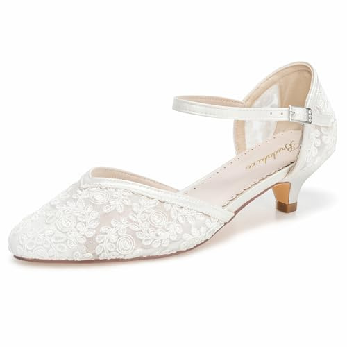 Bridaluxe 0213 Women’s Closed Toe Wedding Shoes 1.57 Inch Low Heel Lace Ankle Strap Bridal Pumps Elegant Heels