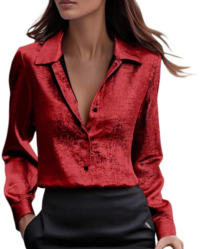Blusas de satén de seda para mujer, camisas de manga larga metálicas brillantes con botones, blusas casuales para negocios, oficina, trabajo, Blusas de satén rojo para mujer, L
