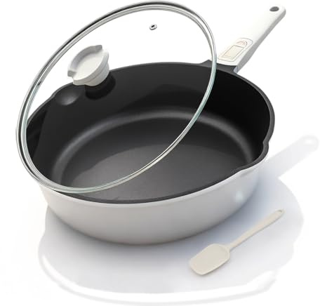 Bobikuke 10 Inch Deep Frying Pan Skillet Nonstick with Lid, Saute Pan Non Stick, 4 QT Cooking Pan, Healthy Kitchen Cookware, Induction Compatible,Detachable Handle,Oven Safe,Non-Toxic PFOA Free,White