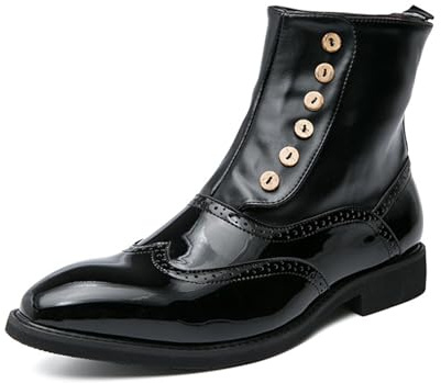 HHMYJUQA Bottes Montantes pour Hommes Rétro avec Boutons Chaussures Habillées Brogues À Bout Ailé en Cuir Verni Bottines Chukka