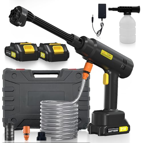 Hidrolimpiadora de Alta Presión, Hidrolimpiadora a Batería Portátil, Pistola de Agua a Presión, con Boquilla 6 en 1, 2 Baterías y Tubo de 5 m, para Coche, Jardín, Limpieza y Riego
