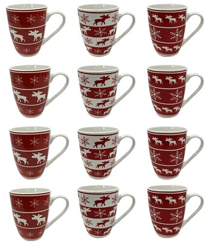 EuroDiscount Glühweinbecher Kaffeebecher in bauchiger Form mit Elch/Rentier Motiv 300 ml 12 Stück