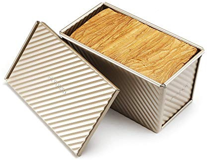 monfish Pullman Loaf Pan w Cover Bread Toast Mold corrugated loaf Pan w lid 1lb dough Alluminumed Steel Non Stick Gold (8.5X4.75X4.375INCH)