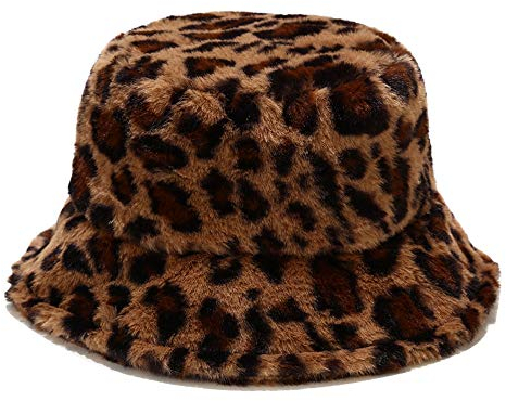 Umeepar Winter Faux Fur Fuzzy Bucket Hat Fluffy Warm Hat for Women Men (Small Leopard Print Camel)