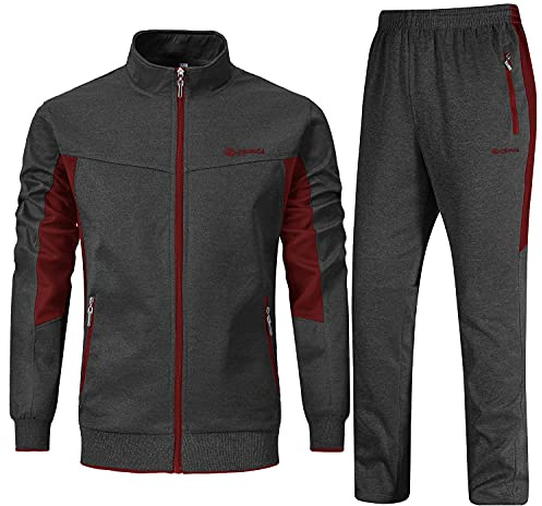Rdruko Set di tute da uomo a contrasto con cerniera intera giacca sportiva casual joggers coulisse vita elasticizzata 2 pezzi con tasche con cerniera, Vino Rosso e Grigio Scuro, L