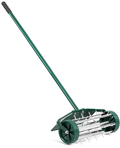 TANGZON Garden Rolling Lawn Aerator, Manual Grass Spikes Roller with Non-slip Handle, Heavy Duty Outdoor Garden Lawn Tool (with Fender, 43 x 20 x 128cm)