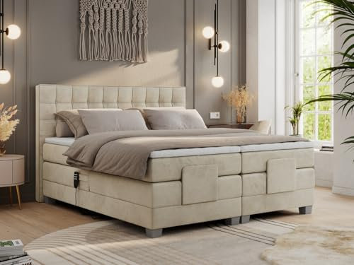 MKS MEBLE Boxspringbett 200x200 elektrisch verstellbar 7-Zonen Taschenfederkern Matratze inkl Visco Topper Bett 200x200 mit Motor Polsterbett Motorbett - Elektro - Beige Velvet - H3