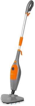 Escoba a vapor con 9 herramientas incluidas, ideal para alfombras, mopa a vapor para suciedad obstinada y 9 accesorios, 0,3 l, 1500 W, gris y naranja