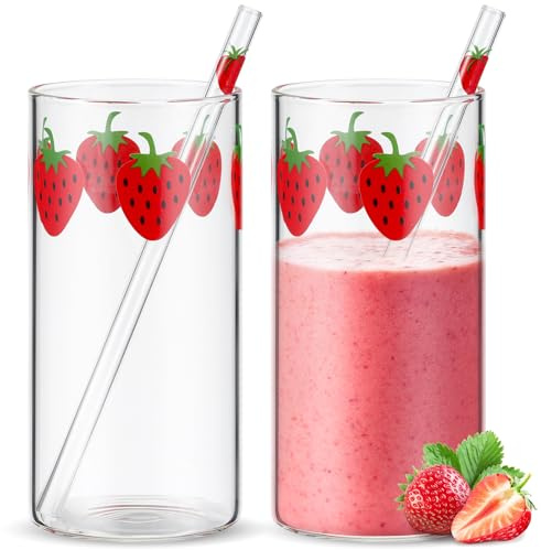 Tessco for you 2 juegos de vasos de fresa de vidrio de fresa con popote para beber, vaso transparente de cereza, vaso con patrón de bayas, botella para jugo, agua, leche, café, té (elegante)