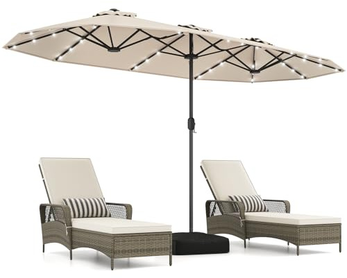 COSTWAY Ombrellone da Giardino Doppio 400 x 200 cm, con 36 Luci LED Solari, Manovella 12 Stecche, Base, Anti-UV, Rettangolare, per Giardino Piscina Cortile (Beige)