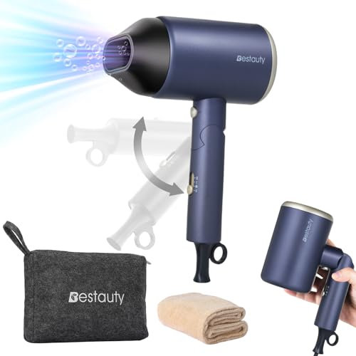 Bestauty Secador de Pelo de Viaje 2000W Ionico con Botón de Aire Frío, Plegable Mini con Funda de Fieltro, Azul-Oro