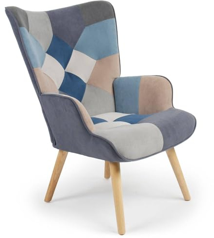 Menzzo Fauteuil scandinave Lyliane Effet Patchwork Velours Gris et Bleu
