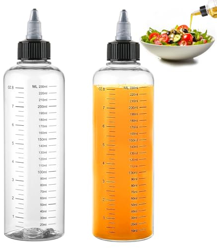 VZXQX 2 Stück Quetschflasche 250ml, Squeeze Flasche aus Kunststoff mit Drehverschluss, Dosierflasche Küche Spritzflasche mit Skala, Mehrzweck ölflasche Plastik Saucenflasche für Ketchup Öl Essig