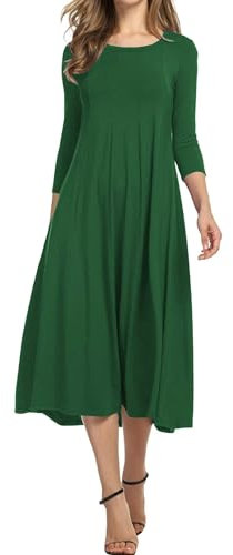 HOTOUCH Women's Midi Dress - Elegant Round Neck Casual 3/4 Sleeve A-Line Tunic With Pockets - Classic Maxi Party Fall Green L