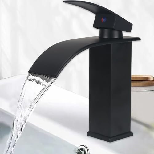 Minnhua Wasserhahn Bad Wasserfall Wasserhahn Edelstahl Waschbeckenarmatur Waschtischarmatur Waschbecken Armaturen mit Auslauf Höhe 11cm Einhebel-Mischbatterie für Kalte und Warme Wasser Chrom Schwarz