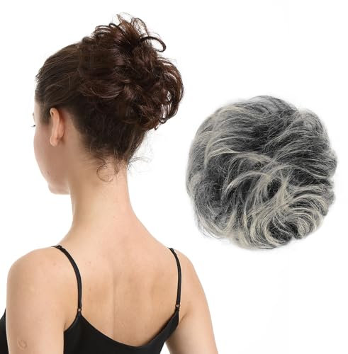 BARSDAR Umani Chignon Capelli, Veri Umani Hair Chignon Extension per Donna Grigio Hair Bun Posticci Elastico Scrunchie Spessi Updo Elastico Veri Pezzo di Capelli - Grigio Misto
