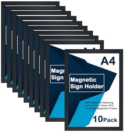 10Pcs A4 Magnetic Photo Frames,Magnetic Sign Holder,Wall Mount Self Adhesive Display Picture Frame,Plastic Clear Poster Paper Display Frame for Paintings,Notices, Certificate,Ads,Document