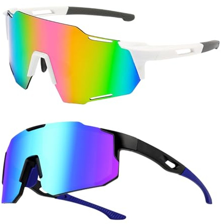 MEMSJIUWEN Lunettes de vélo, lunettes de soleil pour hommes et femmes, protection uv400, lunettes de soleil pour moto, course à pied, ski, baseball, pêche, beach volley (F Couleur 2 PCS)