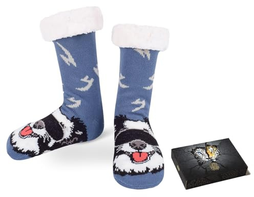 HERYEBING Chaussettes Chaussons Homme Chaudes Antidérapantes avec Boîte Cadeau, Taille 39-46, Confort Doux en Polaire pour Hiver Thermiques Intérieur Domicile, Cadeaux Noel,Chien de berger