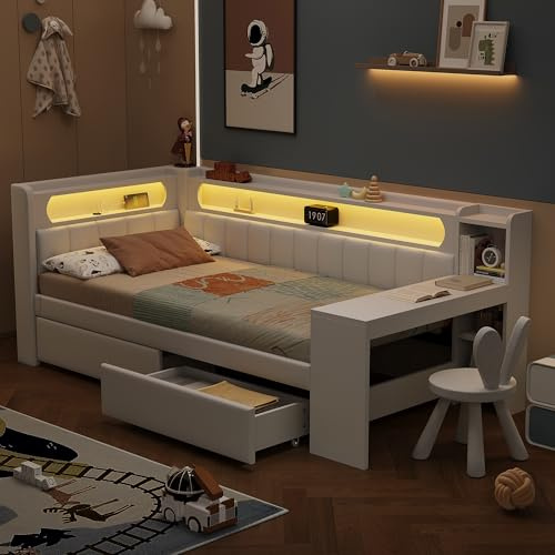Soweiz Sofá cama, cama de día 90x200cm Daybed con puertos USB y cinturón LED, con escritorio y 2 cajones, Blanco