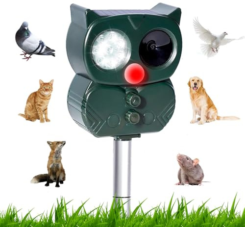 Repellente per Gatti, Dissuasori per Piccioni, Ultrasuoni Repellente Topi, Solare con Flash LED, Ultrasound Repellente per Animali, IP65 Impermeabile per Cani, Uccelli, Topi, Volpi