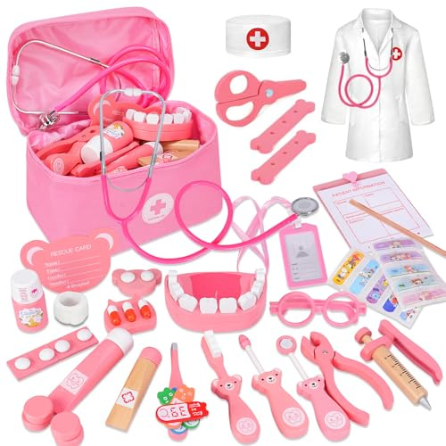 Set da gioco per bambini, in legno, da 46 pezzi, con vero stetoscopio, termometro, siringa, borsa medica e medicina medica, giocattolo di ruolo per bambini a partire dai 3, 4, 5 anni, rosa