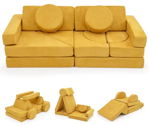 COSTWAY Kids Play Couch, Modular Soft Foam Playset with Machine Washable Suede Cover, Fold Out Convertible Children Sofa Bed for Kidsroom Bedroom Living Room