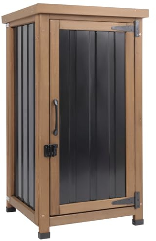 Small Outdoor Storage Cabinet Waterproof with Metal Top, Wood & Metal Outside Potting Bench Table Tool Organizer with Adjustable Shelf for Patio Backyard Garden