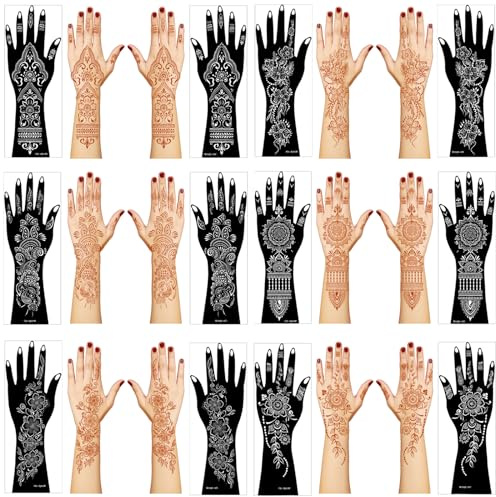Lot de 12 pochoirs de tatouage au henné, pour main et avant-bras, grands autocollants de tatouage temporaire indiens avec paillettes, modèles DIY aérographe