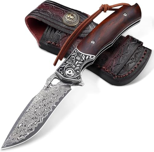 Omesio Damast Fällkniv VG10 Damaststål Trähandtag Läderfodral | EDC-fällkniv med VG10 Damaststål, trähandtag och läderfodral, elegant design för camping och vandring