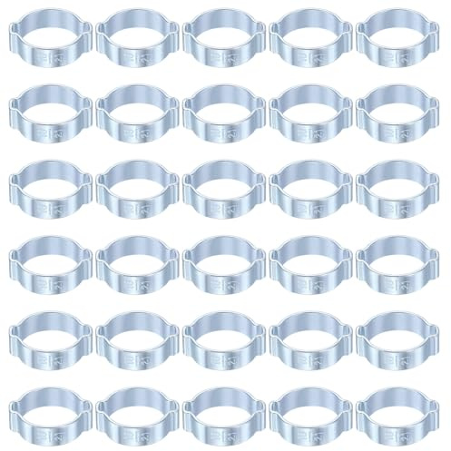 sourcing map 30pcs Double Ear Hose Clamp 18-21 mm Galvanized Steel Hose Clamp Double Ear O Clips Crimp Rings for Fuel Line Pipe Tube Fitting Connections, Silver