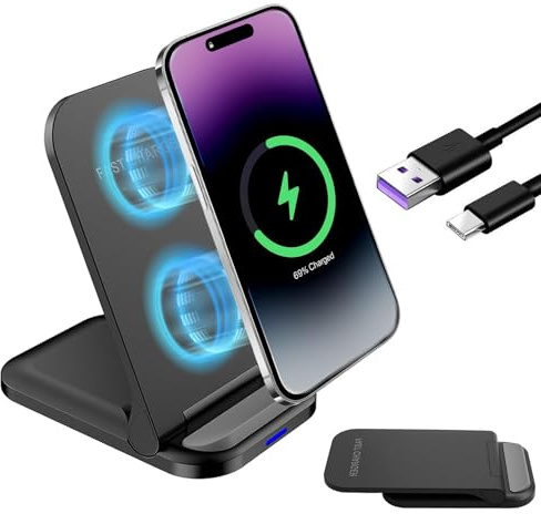 2‑in‑1 Faltbare Wireless‑Ladestation 20 W, induktive Ladestation mit Ständer für iPhone 16/15/14/13, für Samsung Galaxy S24/S23 und Google Pixel, Qi‑Schnellladegerät