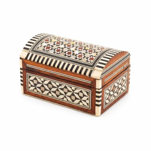 Genérico Joyero Artesanal Egipcio con Taracea de Nácar Blanco, Mini Baúl Decorativo con Interior de Terciopelo Rojo, 6 x 6 x 9 cm
