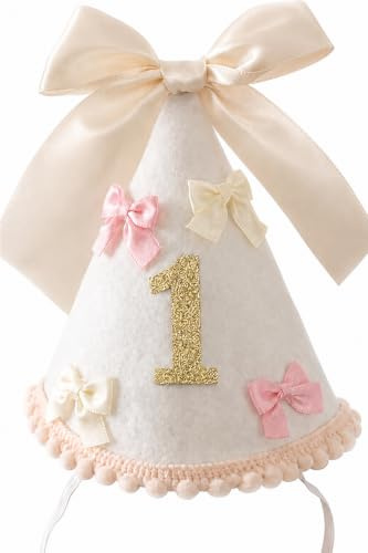 Gorro de Cumpleaños 1 Año Niña, Sombrero de Primer Cumpleaños con Lazos Rosa y Número 1 Dorado, Corona Cumpleaños Estilo Boho, Accesorio Fotográfico Cake Smash, Decoración Cumpleaños, Idea de Regalo