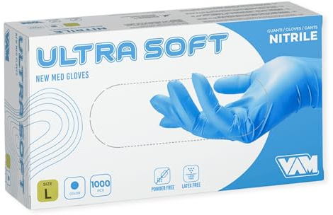 Generico ECOSTAR Ultra Soft 1000 Guanti in Nitrile Monouso, Blu, Taglia L, Senza Polvere e Latex Free, per Uso Alimentare, Estetico e Pulizia, Confezione Risparmio 10 Pacchi da 100 Guanti