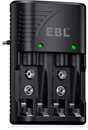 EBL 4 Ranuras Cargador de Pilas AA AAA 9V, Rápido Cargador Plug, Multifuncional Cargador de Baterías para AA AAA 9V Pilas Recargables Ni-MH con Indicadora LED, AC 100-240 V