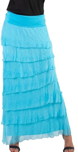 Alam Exclusive Women's Dress Lagenlook Silk Skirt Flap Over Italian Shredded Ladies Elegant Ruffle Frill Party Summer Layer Look Plain Pleated Layer Resort Wear (Turquise)