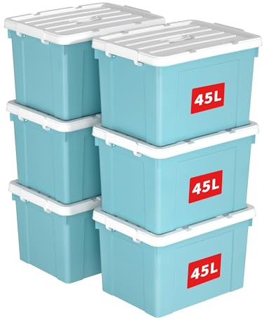 Cetomo 45L*6 Caja de Almacenamiento con Asa, Caja de Plástico con Tapa y Cierre Seguro, Contenedor de Almacenamiento Grande, Duradera, Apilable, Resistentes, Azul, Paquete de 6 de 45L