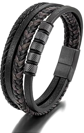 JSNOM Armband Herren Lederarmband Geschenke: Geflochten Leder Weihnachten Vatertag Valentinstag Geburtstagsgeschenk Liebesgeschenke Schmuck Geschenk für Freund Ehemann Papa Männer (23CM, Schwarz)