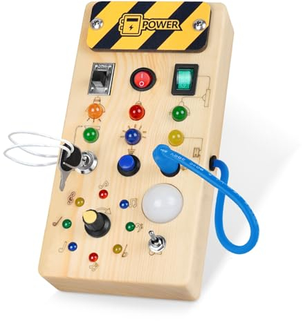 Konijiwa Montessori Busy Board 1 Jahr alt Kinder Activity Board Holzspielzeug mit 8 LED-Lichtschalter Spielzeug Sensory Learning Toys Geeignet für 1 2 3 4 Jahre alte Babys