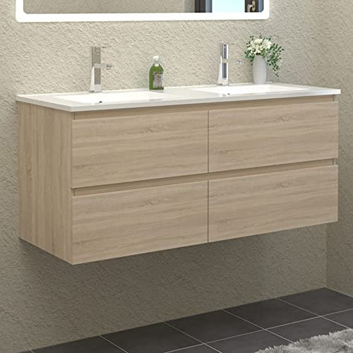 HAPAOSO Meuble de Salle de Bain Double Vasque 120 cm + Casier Couleur chêne（Quatre tiroirs）