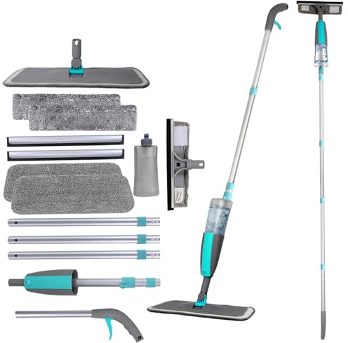 Wiseten 2 en 1 Kit de Limpiador de Ventanas y Trapeador de Piso con Pulverizador, Limpiaparabrisas Profesional con Mango Telescópico para Ventanas, Mopa de Piso con Almohadillas Lavables