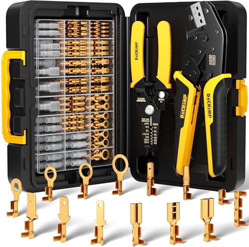 DxCRIMP Kit de Crimpadora para Terminales Eléctricos con 14 Tipos de 0,25–2,5 mm² (AWG 24–14), Kit Profesional de Crimpado, Herramienta Precisa para Electricistas, Automóvil, Bricolaje y Hobby