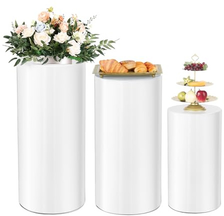 Juego de 3 soportes cilíndricos blancos, pilares redondos para exhibición de pasteles y flores para bodas, cumpleaños, baby showers, Halloween y eventos de Navidad, color blanco