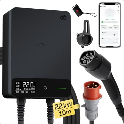 dé Borne de Recharge Véhicules Électrique 22kW APP [6-32A, Triphasé] Wallbox 22kW avec Câble Type 2 10m, RFID, Borne de Recharge avec RCD Type-B et ip54 pour E-208 et Autres BEV/PHEV, Noir