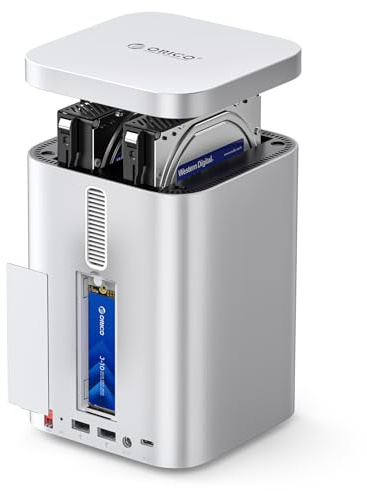 ORICO MiniTower RAID-hårddiskhölje med dubbla fack med dockningsstation upp till 56 TB, 2,5/3,5-tums SATA HDD*2/NVMe SSD-fodral x 1, aluminiumhölje, 10 Gbps USB C-hub för Mac mini, MacBook, Macs M435