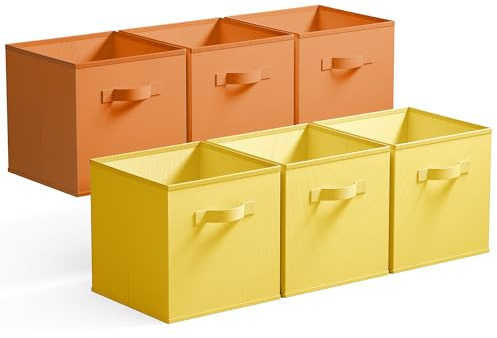 GRANNY SAYS Aufbewahrungswürfel Stoff, 6 Stück Aufbewahrungsboxen für Würfelregal, Regalkörbe 27 x 27 x 27,5cm Regalboxen mit Griffen, Stoffkisten Aufbewahrung für Kallax Regal, 3 Gelb & 3 Orange