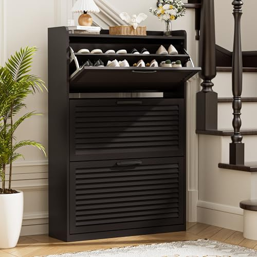 Shoe Storage with 3 Flip Louvered Doors, Narrow Wooden Shoe Cabinet | with Adjustable Shelves For Hallway, Entreway, Living Room,Cafe, 120x80x24cm