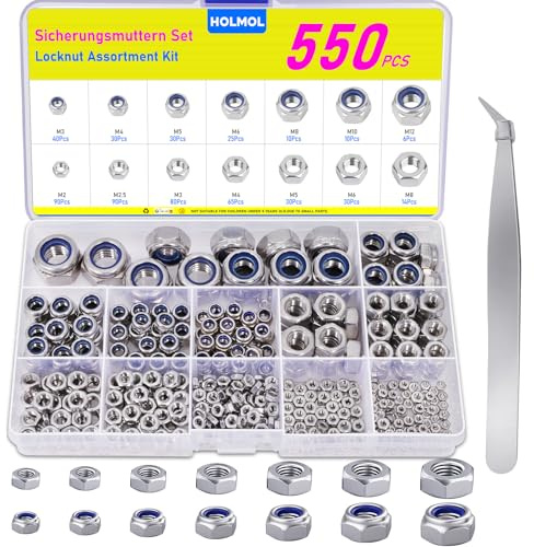 HOLMOL 550 Stück Sicherungsmuttern Sechskantmutter, DIN985+DIN934 Edelstahl Muttern Set, 9 Größen Selbstsichernde Muttern Set, A2 V2A Edelstahlmutter mit Regelgewind M2 M2.5 M3 M4 M5 M6 M8 M10 M12