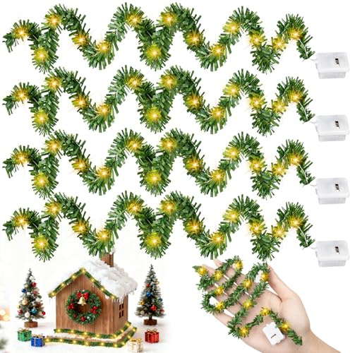 Tomtesljusslinga miniatyr LED – 4 stycken tomtetillbehör dekorationsset, jul för tomte dockhus dörr julgran, tomtedörr, adventskalender 2025, tomtepresenter barn (varmgul)